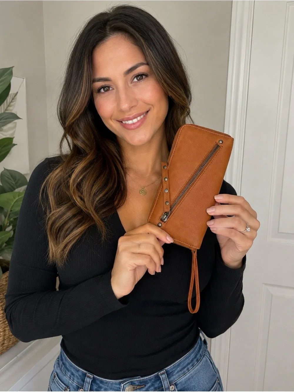 Free People Cognac Leather Wristlet Wallet with Stud Detail